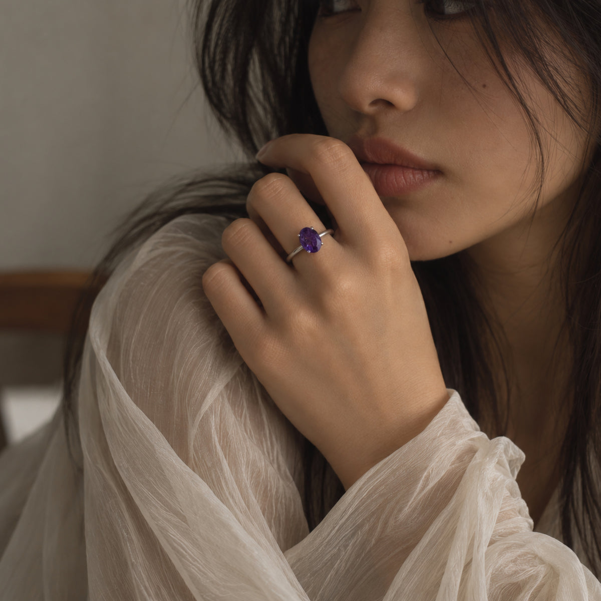Amethyst Purple Round Gemstone Ring in Silver, Rhodium Plated