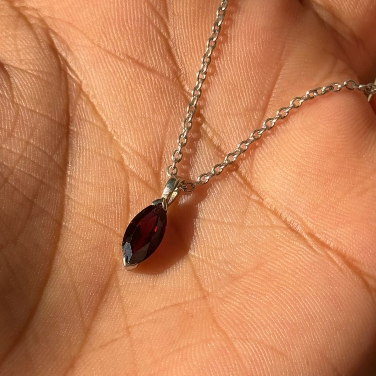 Garnet Marquise Red Gemstone Pendant in Silver, Rhodium Plated