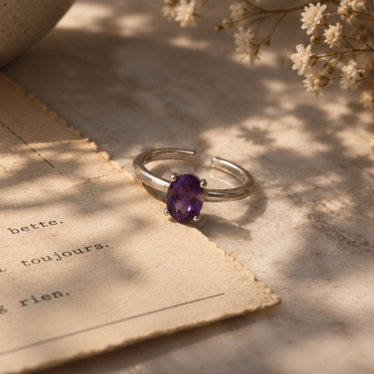 Amethyst Purple Round Gemstone Ring in Silver, Rhodium Plated