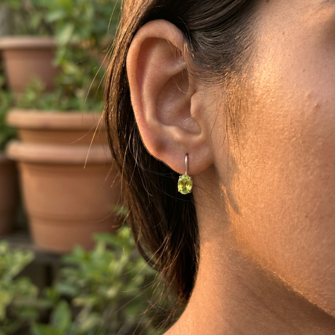 Peridot Green Gemstone Earrings 925 Silver Rhodium-Plated
