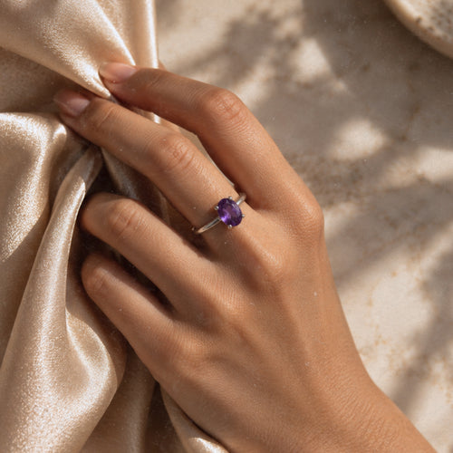 Amethyst Purple Round Gemstone Ring in Silver, Rhodium Plated