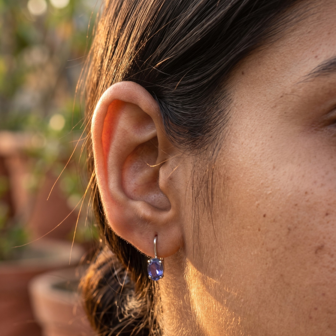 Iolite Round Ink Blue Gemstone Earrings in Silver, Rhodium Plated