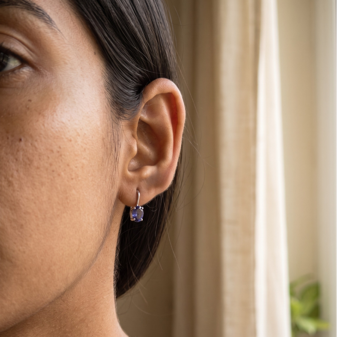 Iolite Round Ink Blue Gemstone Earrings in Silver, Rhodium Plated