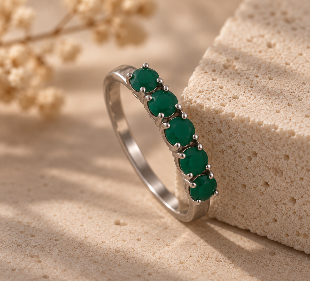 Green Onyx, Amethyst Purple, Moissanite White, Sky Blue Topaz, Tourmaline Pink Round Gemstone Ring in Silver, Rhodium Plated