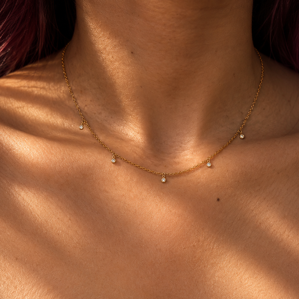 5 diamond charm necklace in silver and gold