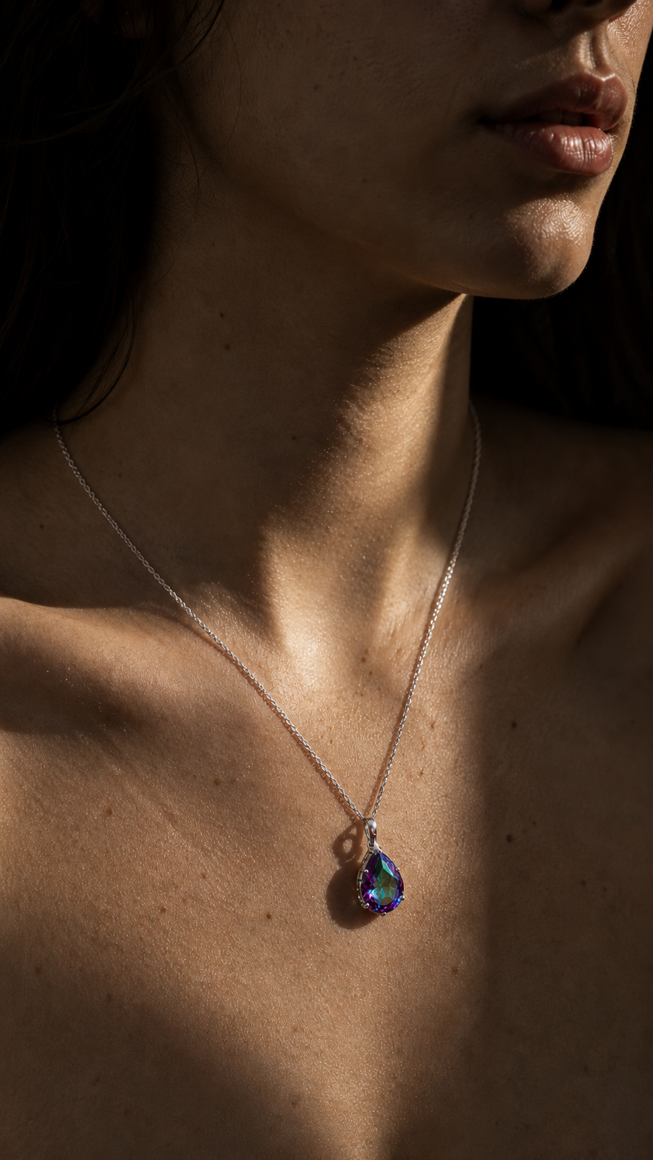 Mystic Topaz Pear Multicolor Gemstone Necklace in Silver, Rhodium Plated
