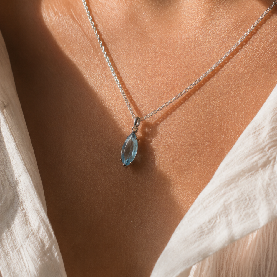 Sky Blue Topaz Marquise Light Sky Blue Gemstone Necklace in Silver, Rhodium Plated