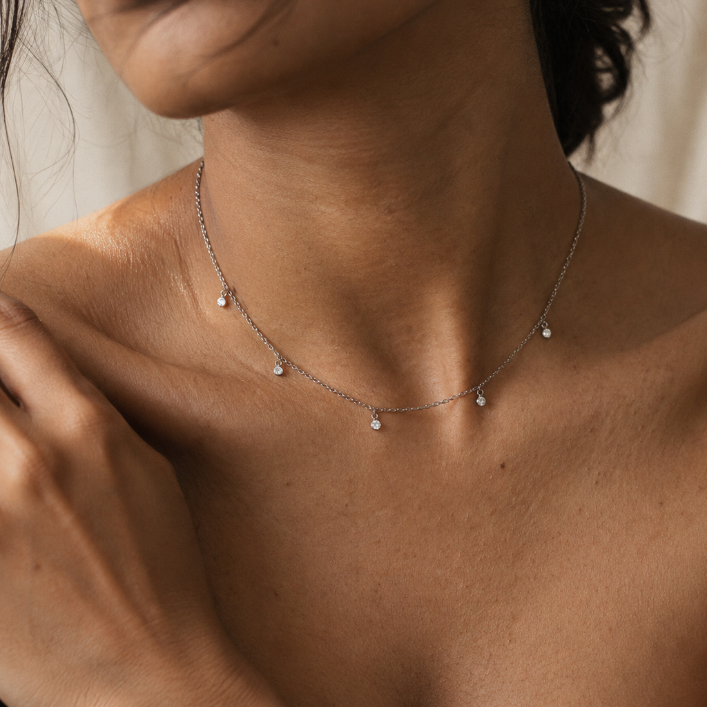 5 diamond charm necklace in silver and gold